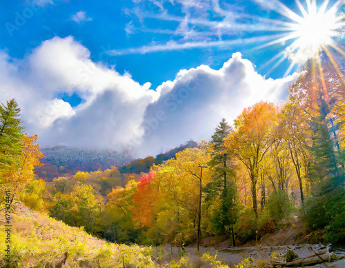 mountain forest, with towering trees and white clouds adorning the sky, a sense of blissful happiness permeates the air, forest in autumn, winter