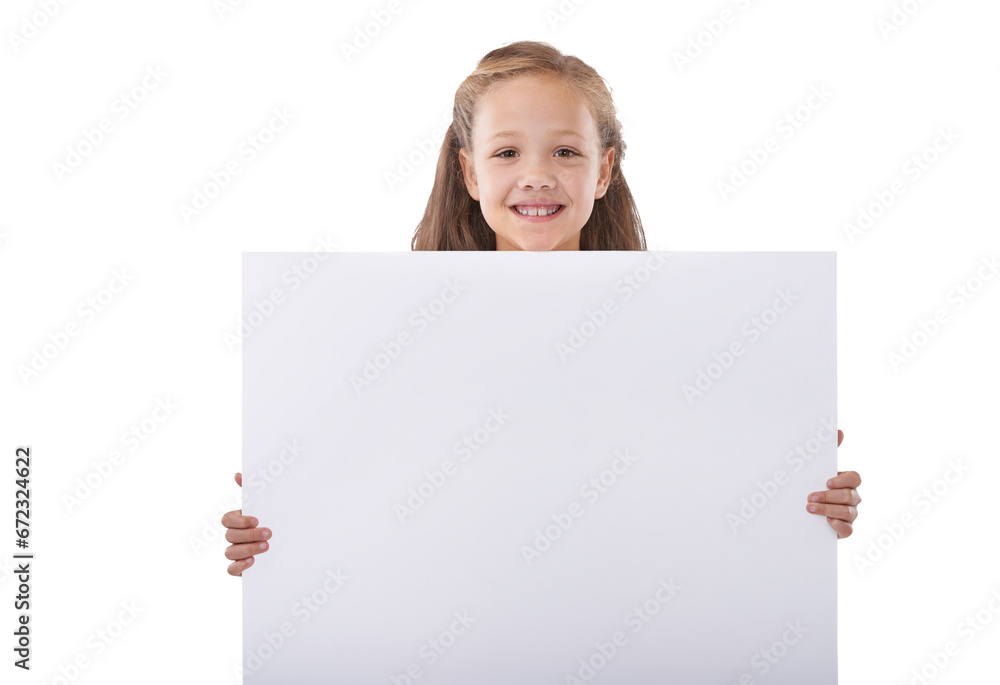 Happy girl, portrait and billboard for advertising or marketing isolated on a transparent PNG background. Female person, child or kid smile holding poster for deal, sale or advertisement message Happy girl, portrait and billboard for advertising or marketing isolated on a transparent PNG background. Female person, child or kid smile holding poster for deal, sale or advertisement message
