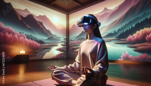 In a vibrant world of digital wellness, a woman embraces her mental health journey through futuristic virtual reality goggles, transforming into a whimsical art masterpiece captured in a screenshot