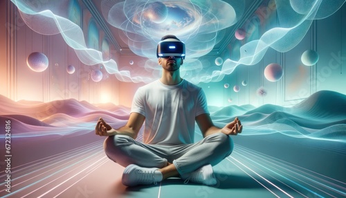 As a cartoon figure dons his futuristic vr goggles, he dives into a wild and fluid world of mental wellbeing, surrounded by vibrant animations and captivating art