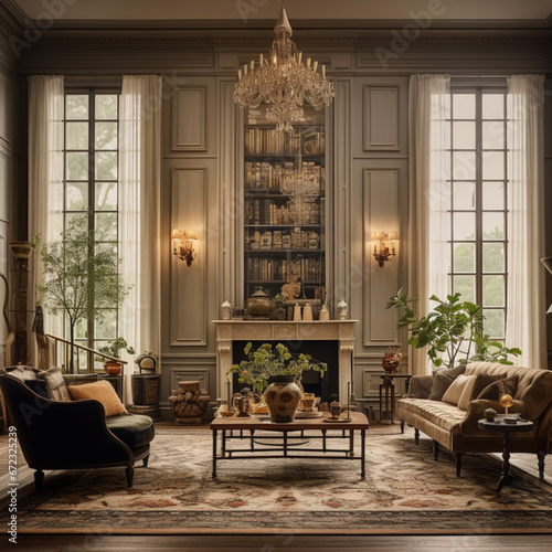 Interior architectural hi-res editorial award photo living room with a small glass wall, victorian coastal Villa inspired by the old town, in Hamptons, black and gold toned, warm lighting. AI generati