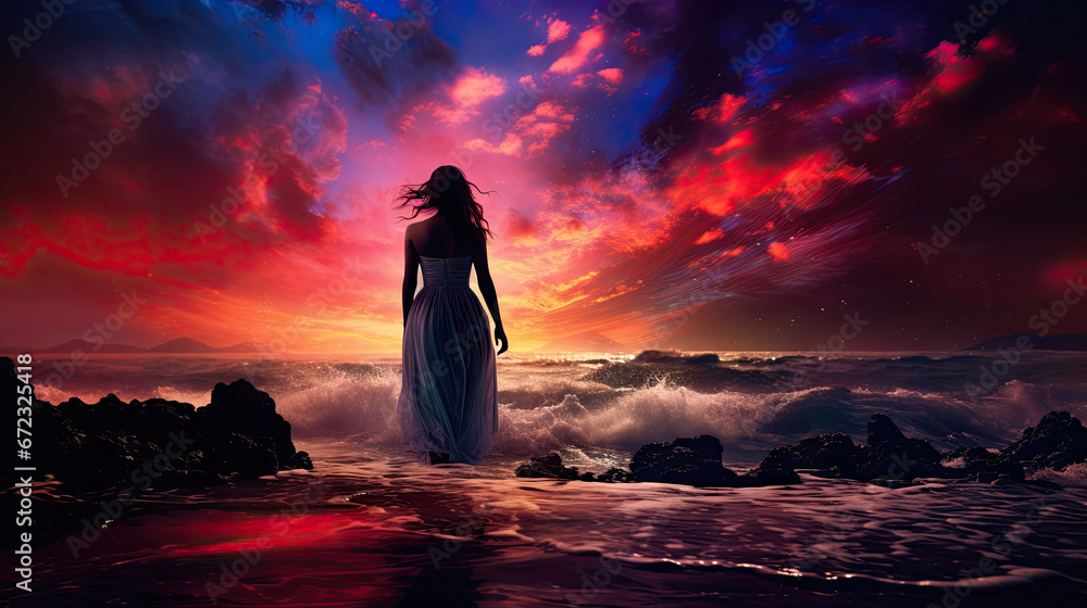  a woman standing on a rocky beach in front of a sunset.  generative ai