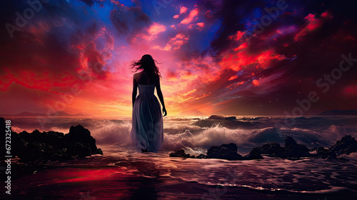  a woman standing on a rocky beach in front of a sunset. generative ai