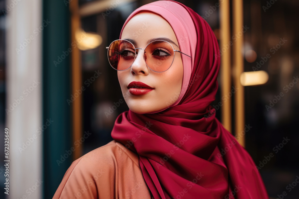 Portrait of a fashionable Muslim girl in pink glasses and red hijab against a glass windshield. Portrait of a fashionable Muslim girl in pink glasses and red hijab against a glass windshield.