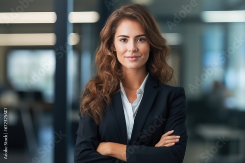 Portrait of pretty brown girl with long wavy hair business suit on office background.