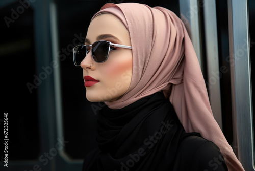 Portrait of a fashionable Muslim girl wearing black glasses and beige hijab on black background.