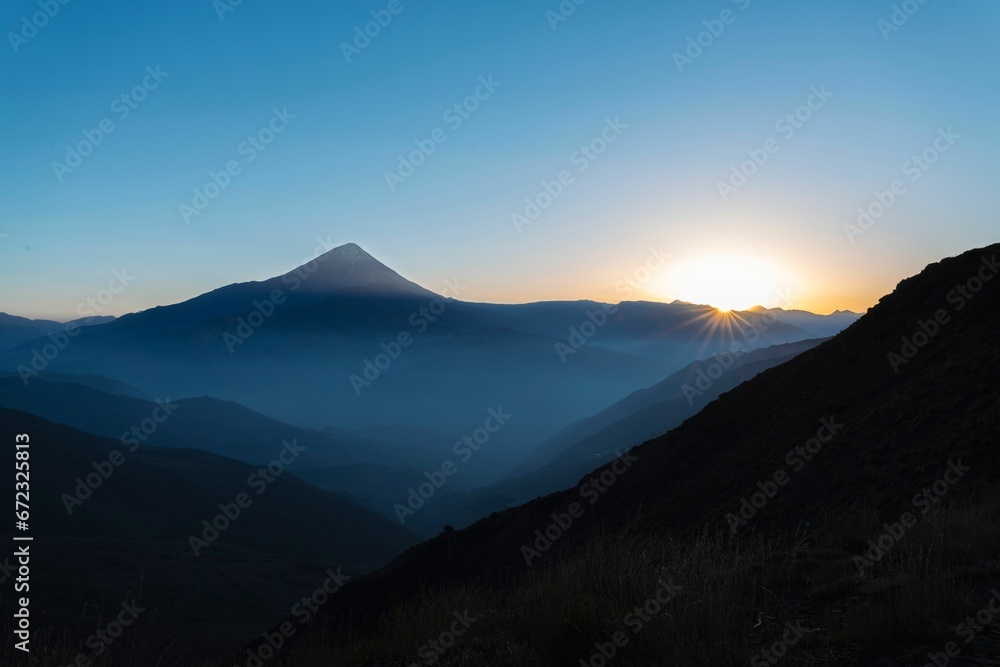 Beautiful sunrise with majestic Damavand mountain in the foreground in Iran