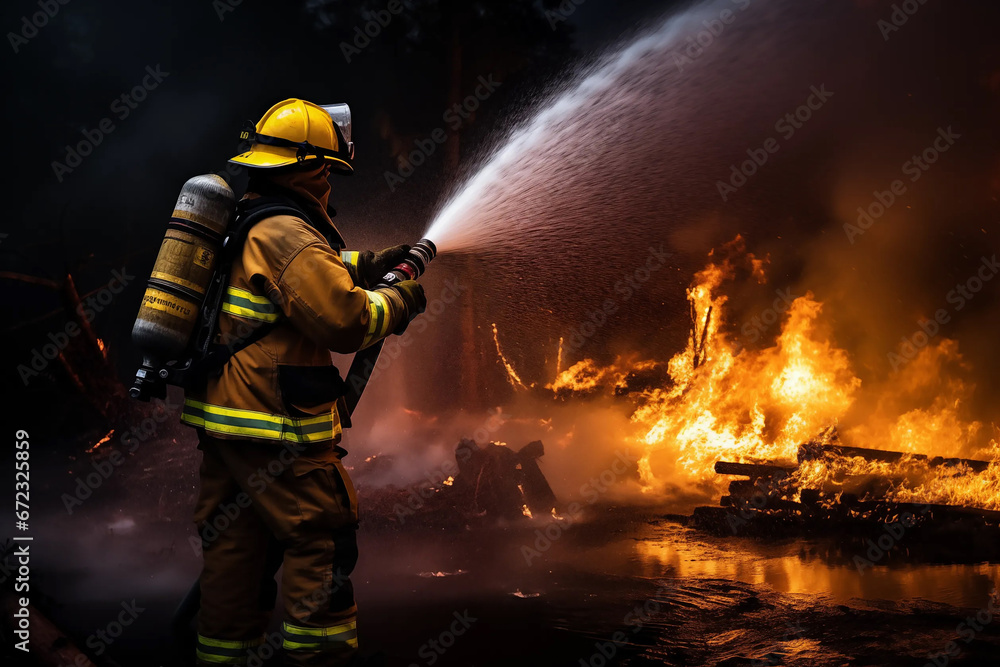 Firefighter Spraying a Fire Firefighter Spraying a Fire