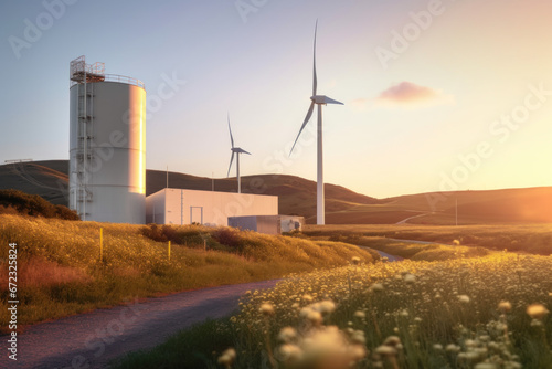 Solar renewable energy generating station Wind turbines in a solar renewable energy production plant In the blue sky at sunset Concept of renewable energy using wind turbines