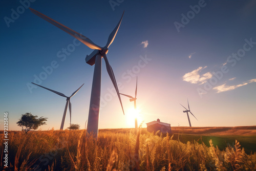 Solar renewable energy generating station Wind turbines in a solar renewable energy production plant In the blue sky at sunset Concept of renewable energy using wind turbines photo