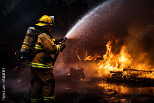 Firefighter Spraying a Fire