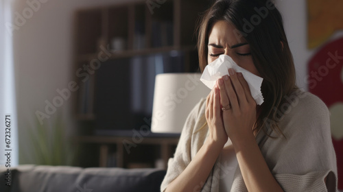 Under the Weather: Sick Woman Blowing Nose, Battling Allergies or Flu at Home.