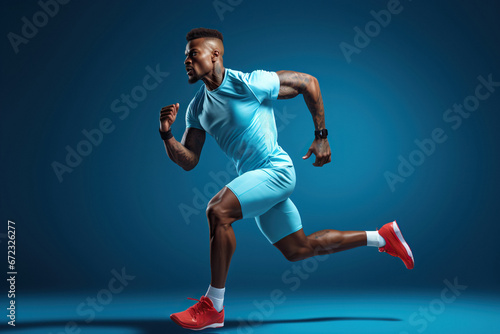 Attractive athlete man runner in action isolated on blue background