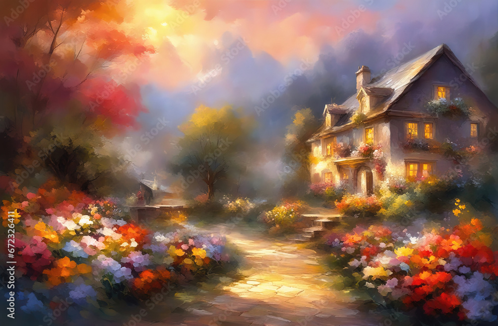 A small house surrounded by flowers, a summer landscape, an artistic watercolor style illustration. A small house surrounded by flowers, a summer landscape, an artistic watercolor style illustration.