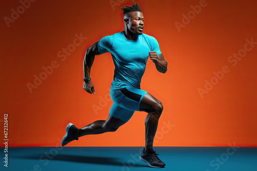 Attractive athlete man runner in action isolated on orange background