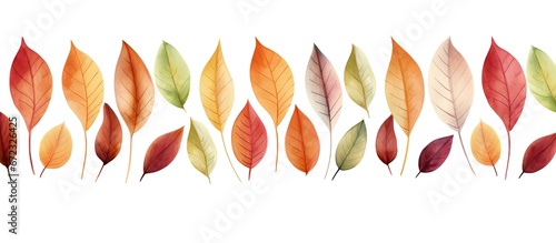 A seamless pattern originally hand drawn with watercolor depicts vertical rows of autumn leaves in various shades like red orange burgundy vinous yellow and green This multicolored design se