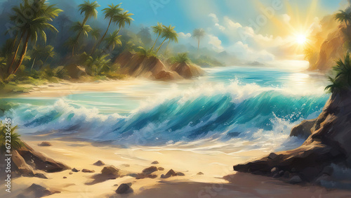 Tropical beach with huge ocean waves  beautiful view at sunset  oil painting on canvas.