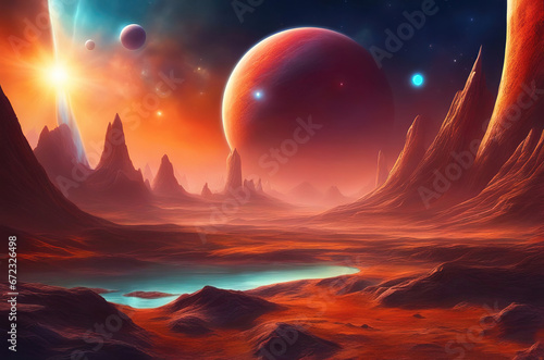 Landscape of an alien planet, view of another planet surface, science fiction background. © Cobalt