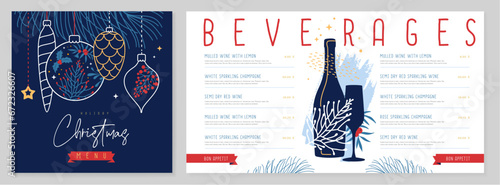 Restaurant Christmas holiday menu design with christmas floral desoration. Vector illustration