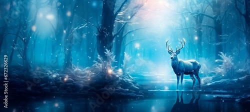 Merry Christmas . Winter Wonderland  Enchanting Reindeer  in a Magical Light and snow Display   banner background xmas card  copy space for text