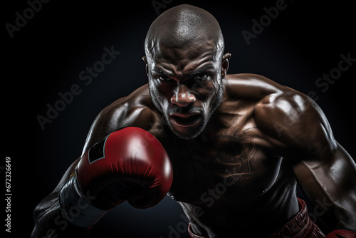Black skinned man boxer in red boxing gloves on dark backdrop