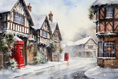 Watercolor painting realistic The atmosphere of houses with snow falling on Christmas Day.