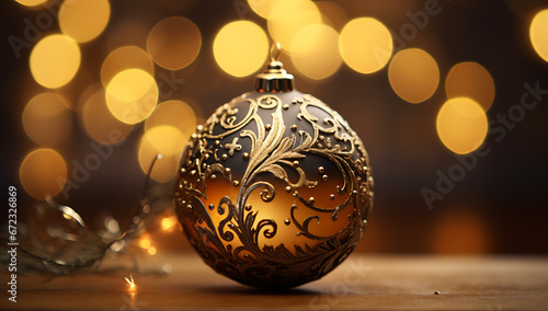 A golden metal christmas ball in front of lights on a table, in the style of ceramicist storyteller, light orange and beige, iberê camargo, capturing moments, arabesque, warmcore, dark white and light photo