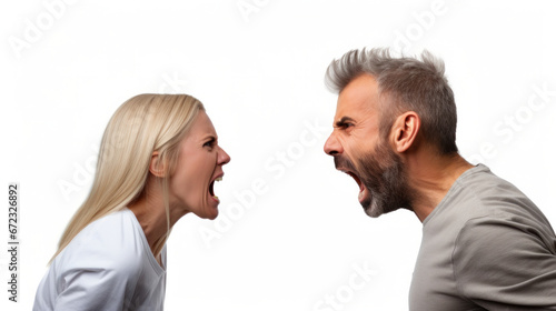 Marital Strife: Mid-Aged Couple in Heated Argument Isolated on White - A Study of Relationship Tensions.