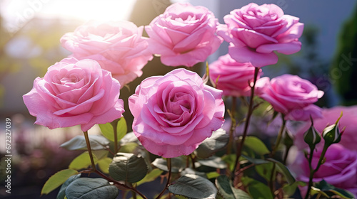  a bunch of pink roses are blooming in a garden.  generative ai