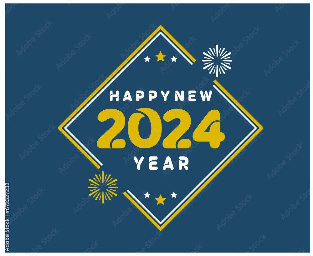 Happy New Year 2024 Holiday Yellow And White Abstract Design Vector Logo Symbol Illustration With Blue Background