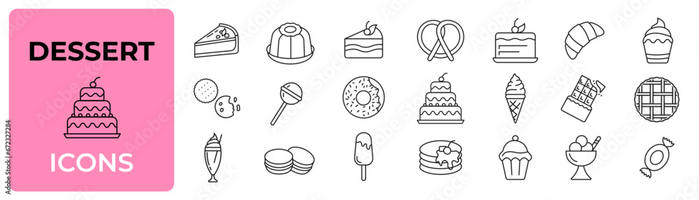 Dessert icons set. Sweet dishes such as candies, cakes, chocolate, pie, donut, ice cream. Vector illustration Dessert icons set. Sweet dishes such as candies, cakes, chocolate, pie, donut, ice cream. Vector illustration