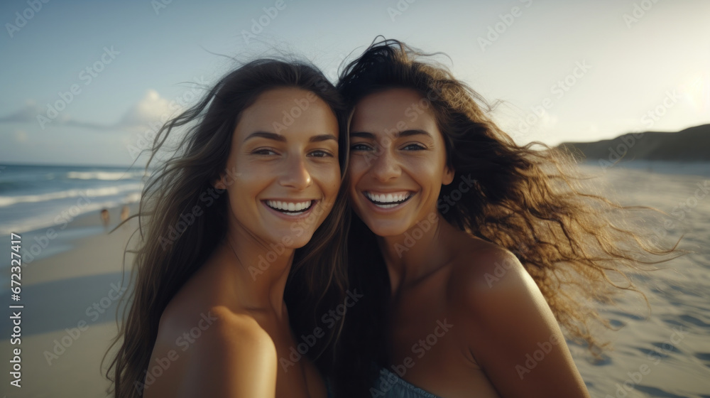 Coastal Joy: Portrait of Two Young Women Savoring Happiness on a Seaside Vacation. Coastal Joy: Portrait of Two Young Women Savoring Happiness on a Seaside Vacation.
