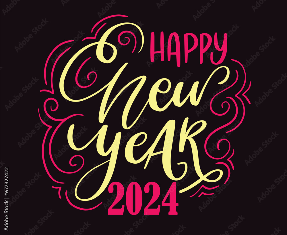 Happy New Year 2024 Holiday Pink And Yellow Abstract Design Vector Logo Symbol Illustration With Black Background