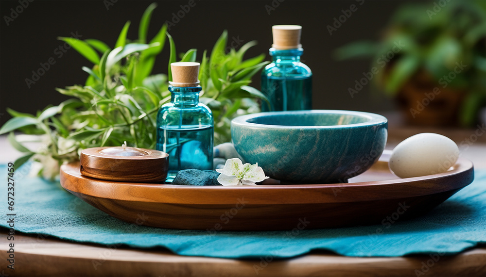 Small bottles of rosemary oil for aromatherapy, candle and bowl on a wooden plate. Healthy ambiance, photograph for advertising a holistic health center, horizontal poster for spa. Well-being concept - obrazy, fototapety, plakaty 