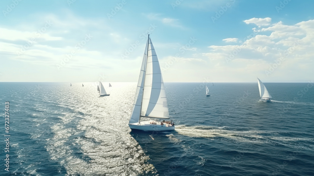 Fototapeta premium Aerial Majesty: Regatta Yachts with Billowing Sails Tackling the Open Seas in Windy Splendor.