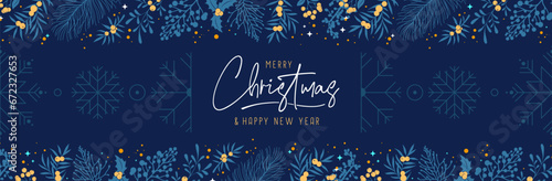 Christmas holiday greeting card or banner with floral desoration. Vector illustration