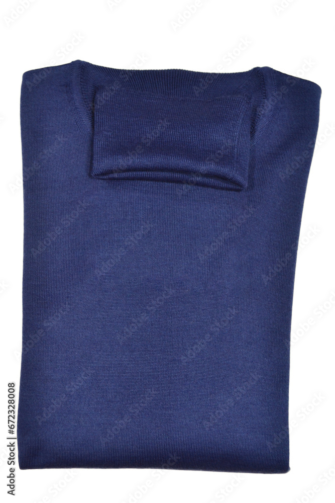 folded blue merino wool sweater with high neck on isolated background folded blue merino wool sweater with high neck on isolated background