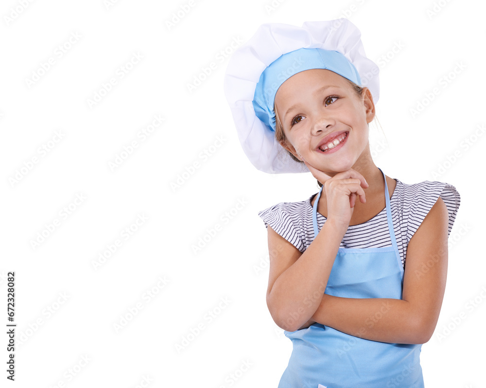 Girl, smile and thinking on cooking, happy and prepare food in imagination or childhood. Female child, vision and nutrition for diet, ideas and play, fun and isolated on transparent png background Girl, smile and thinking on cooking, happy and prepare food in imagination or childhood. Female child, vision and nutrition for diet, ideas and play, fun and isolated on transparent png background