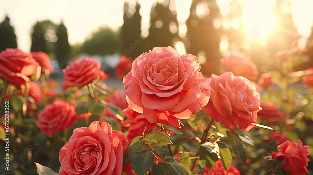 a field of red roses with the sun in the background. generative ai a field of red roses with the sun in the background. generative ai