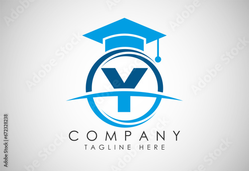 English alphabet Y in a circle with education hat. Education and graduation logo vector
