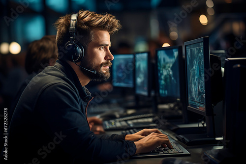 A customer support representative with a headset looking at the monitor in front of them in the customer support center. 