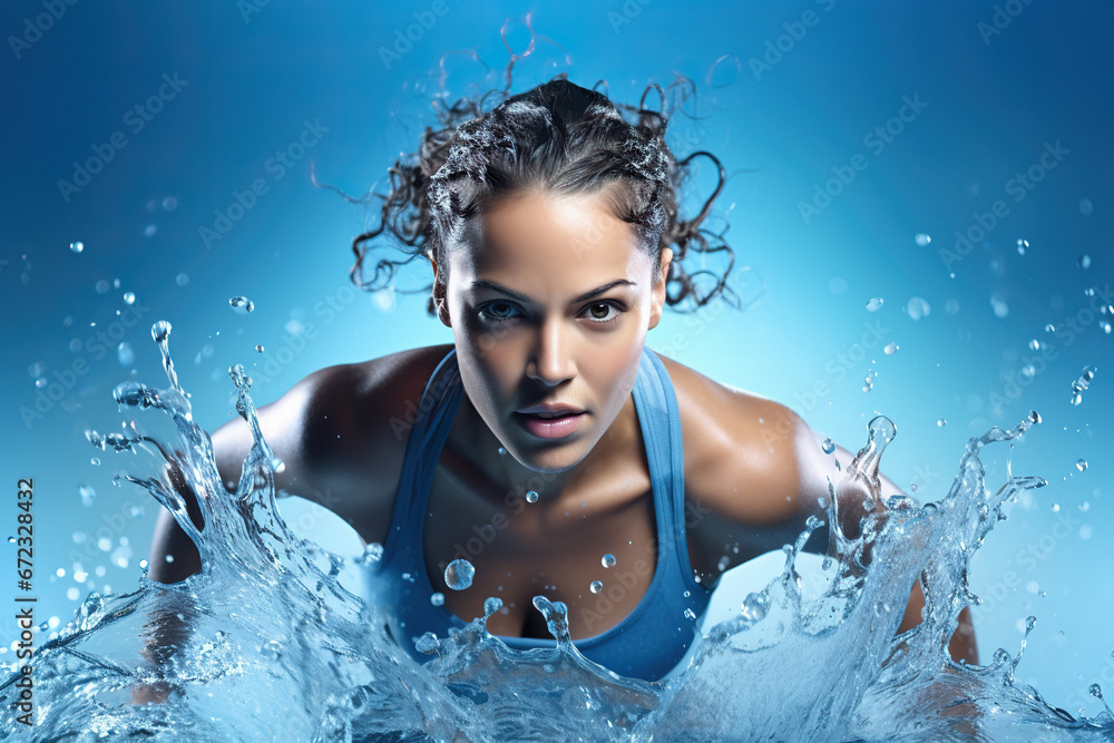 Sporty woman swimmer is shouting during hard training with water splashes on background