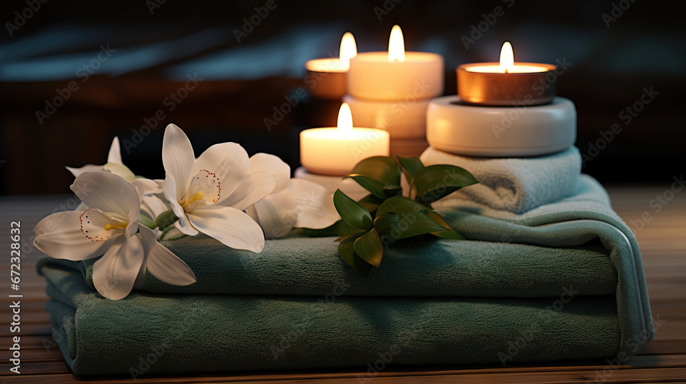  a towel with flowers and candles on it on a table.  generative ai