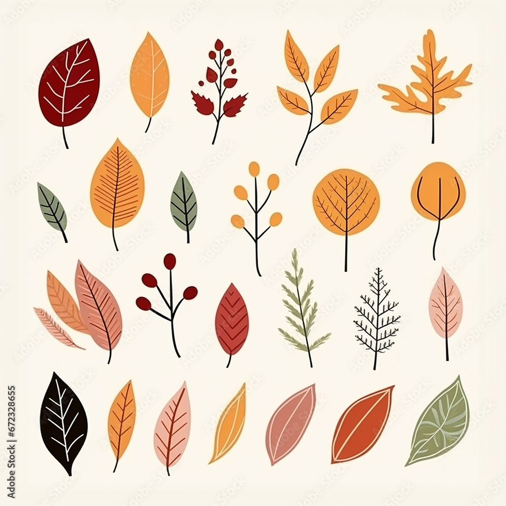 Funny autumn season leaf drawing illustration set. Hand drawn tree leave shapes on isolated background for kid education or fall concept.