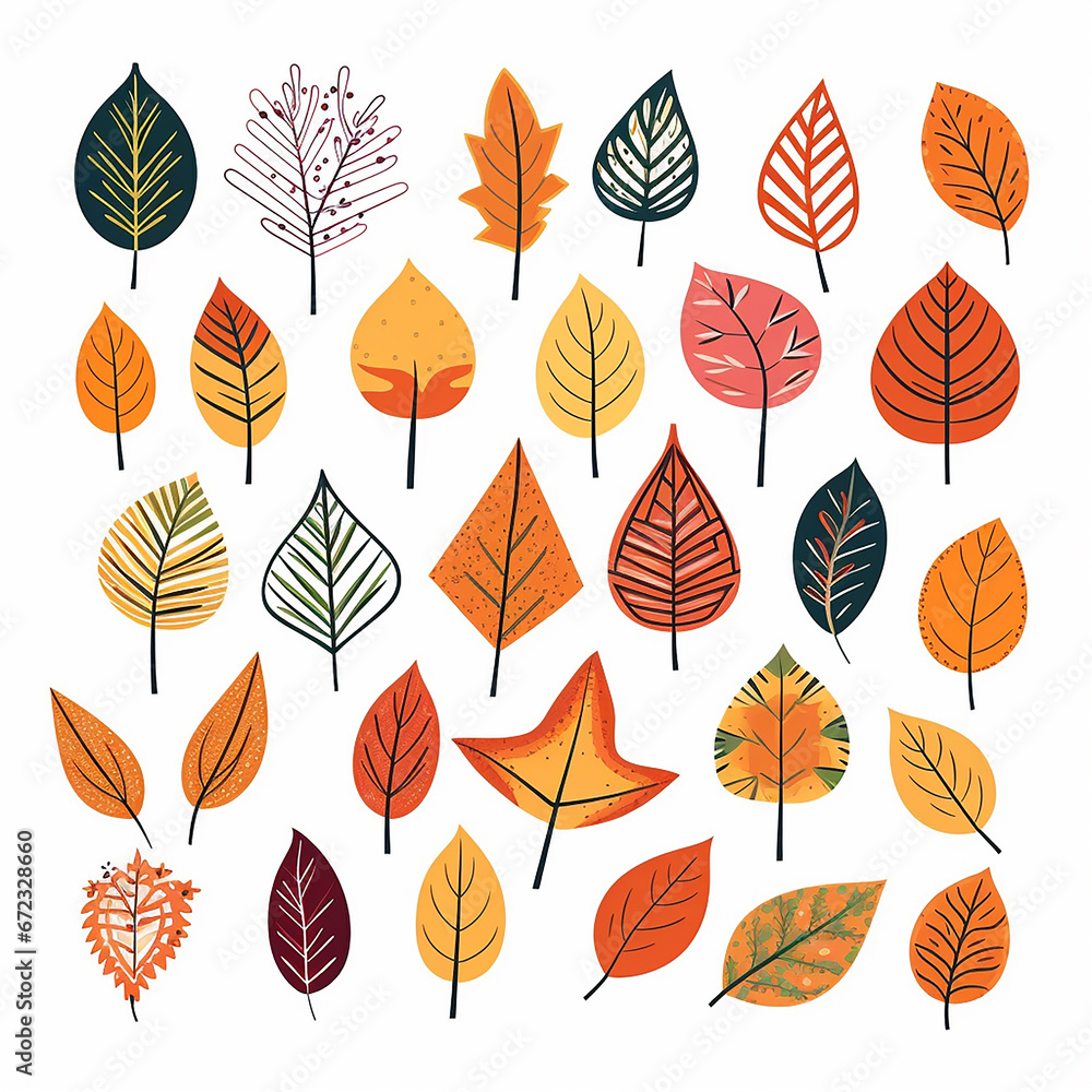 Fototapeta premium Funny autumn season leaf drawing illustration set. Hand drawn tree leave shapes on isolated background for kid education or fall concept.
