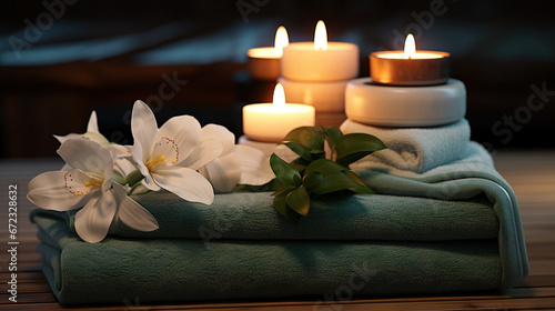  a towel with flowers and candles on it on a table. generative ai