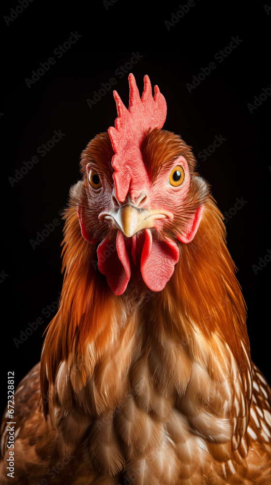 Close-up portrait of a hen isolated on black background. Minimalistic style. AI generated content.