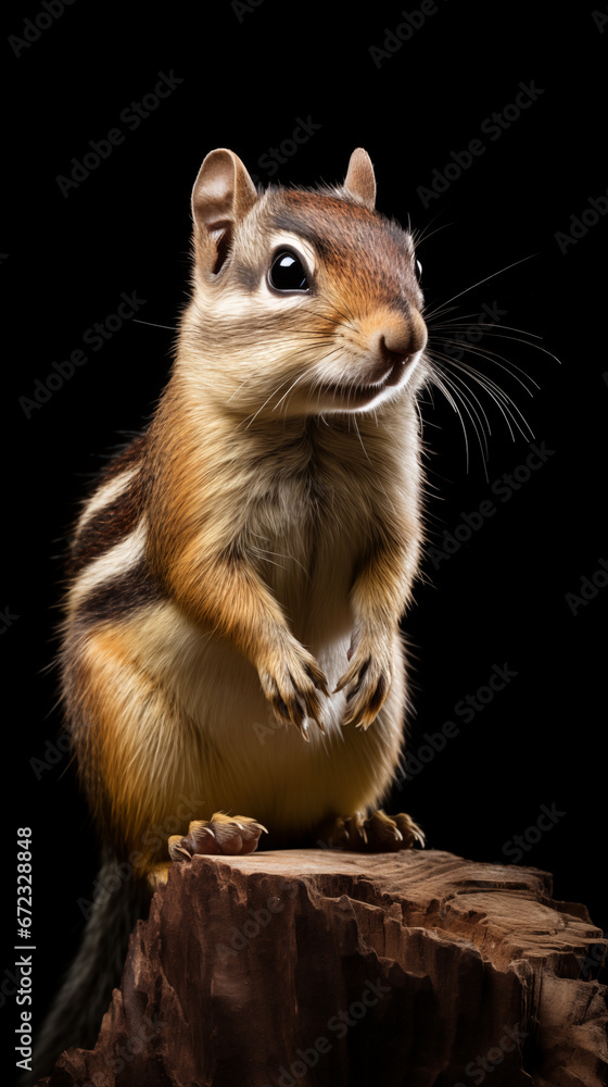 Fototapeta premium Close-up portrait of a chipmunk isolated on black background. Minimalistic style. AI generated content.
