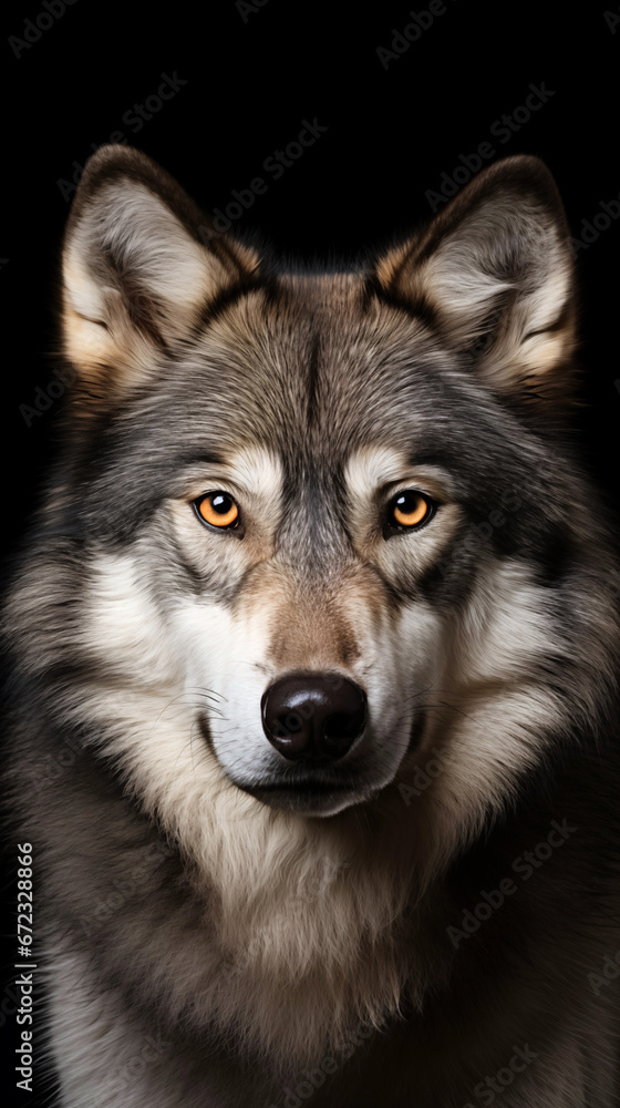 Close-up portrait of a wolf isolated on black background. Minimalistic style. AI generated content. Close-up portrait of a wolf isolated on black background. Minimalistic style. AI generated content.