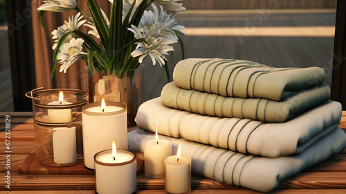  a stack of folded towels and candles on a wooden table. generative ai
